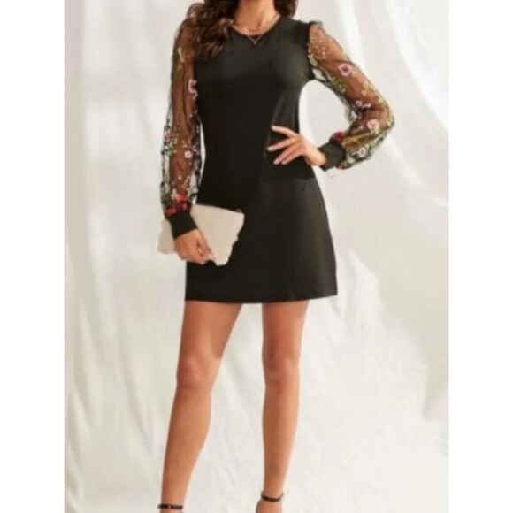 Unbranded Dresses & Skirts - Black Tunic Dress with Embroidered Sheer Sleeves